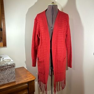 Orange Cableknit Open-Front Cardigan w/Fringe